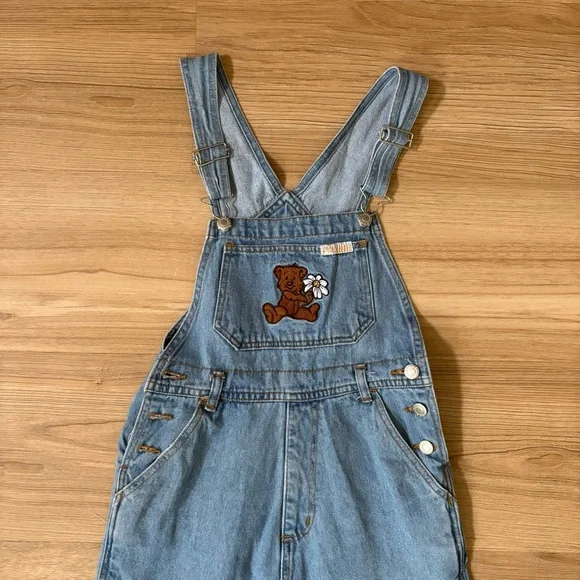 Vintage 80s 90s Repair Jeans Girl’s Embroidered Bear Jean Overalls